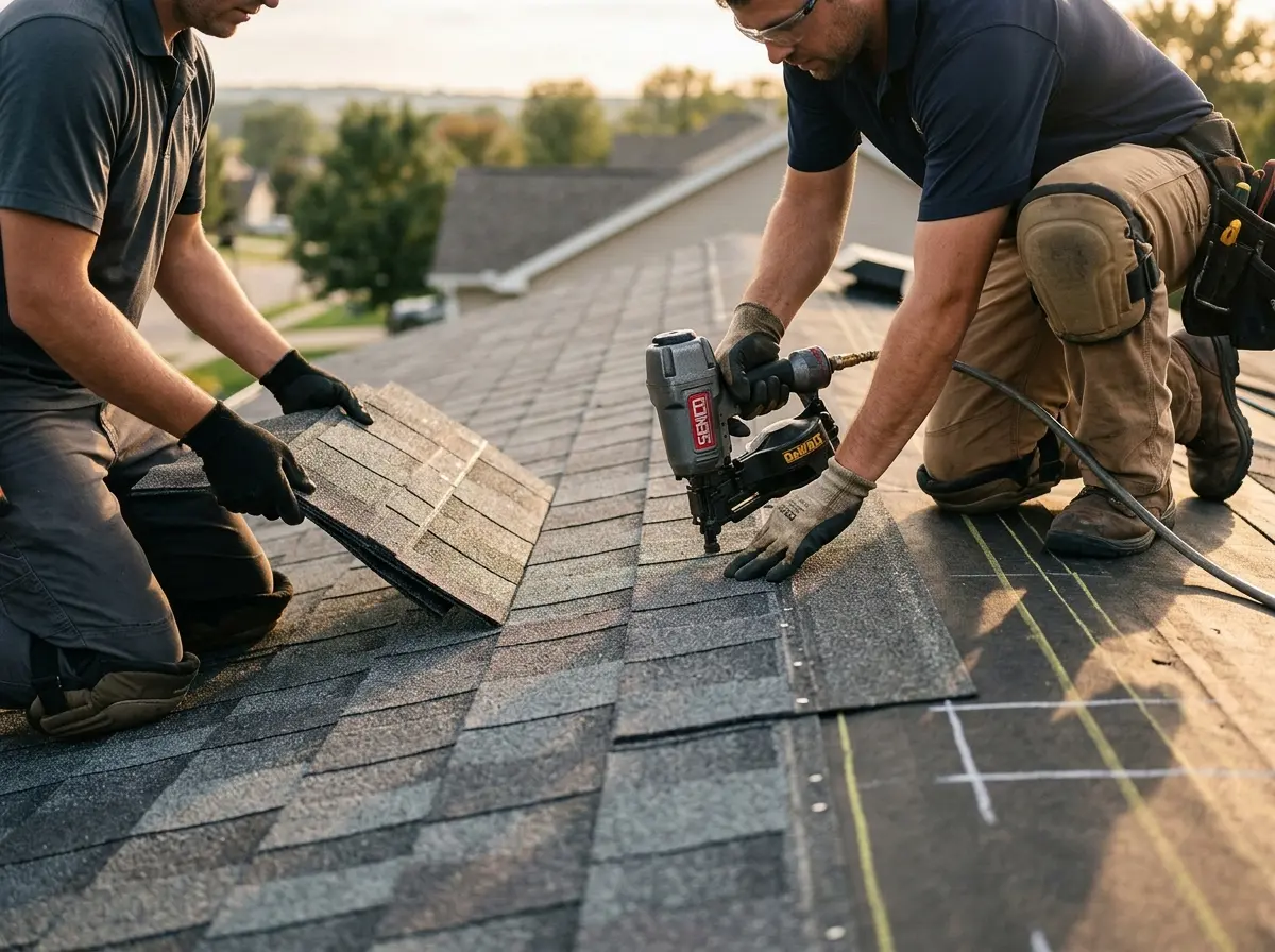 Professional roofer working on a residential roof in Raymondville